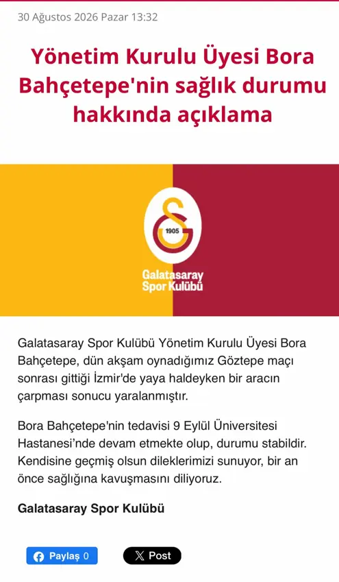 İzmir’de Otomobil Çarpan Galatasaraylı Yönetici Yaralandı