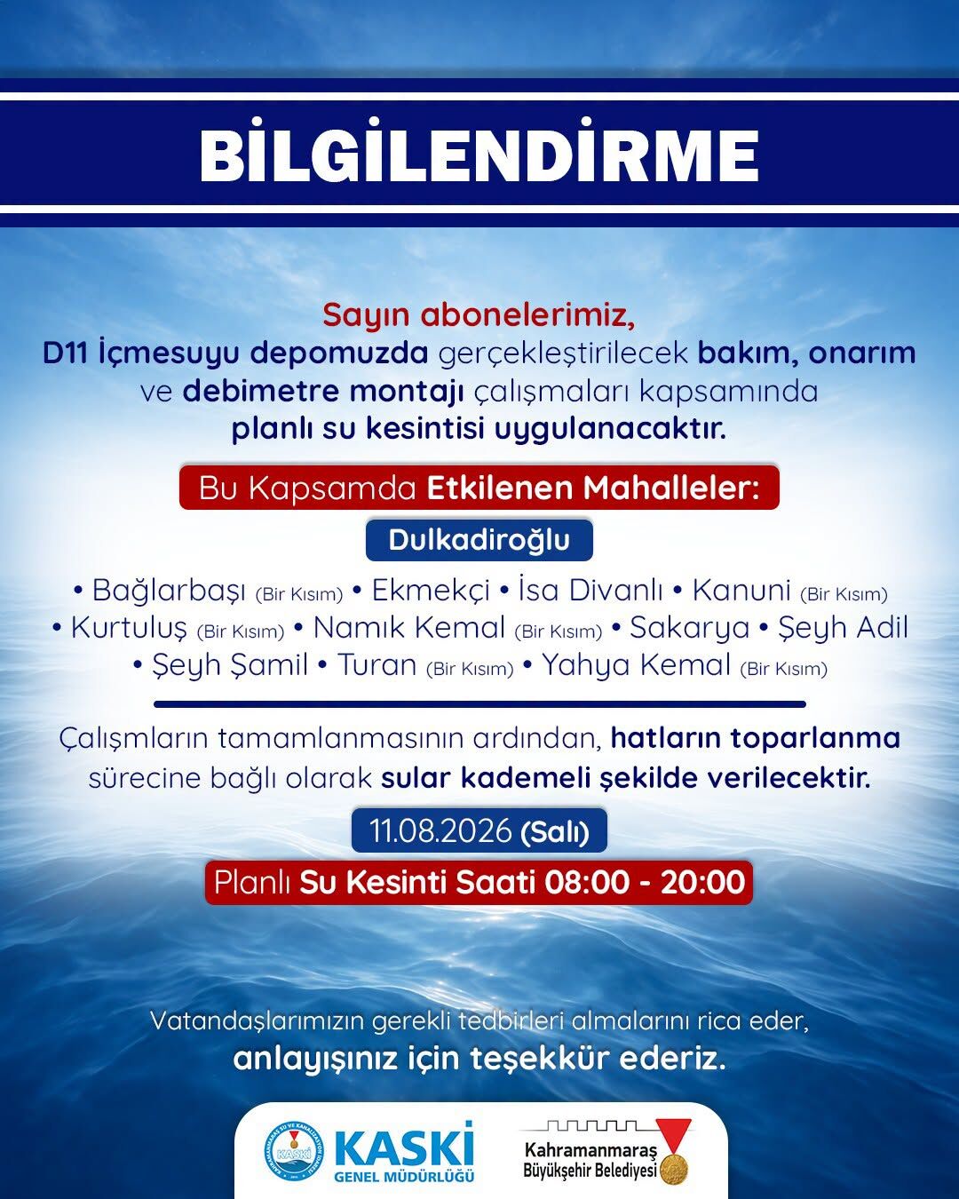 Kahramanmaraş’ta 12 Saatlik Su Kesintisi; İşte Etkilenecek Bölge