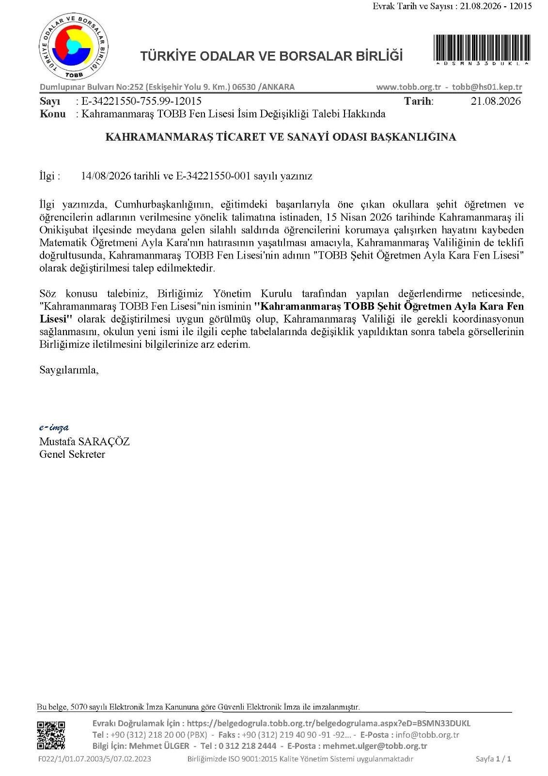 Kahramanmaraş'ta Şehit Öğretmen Ayla Kara'nın Ismi Fen Lisesi'ne Verildi (3)