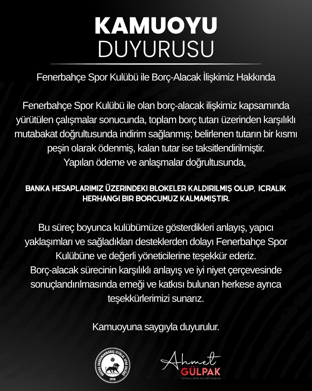 İstiklalspor ile Fenerbahçe arasındaki borç dosyası kapandı