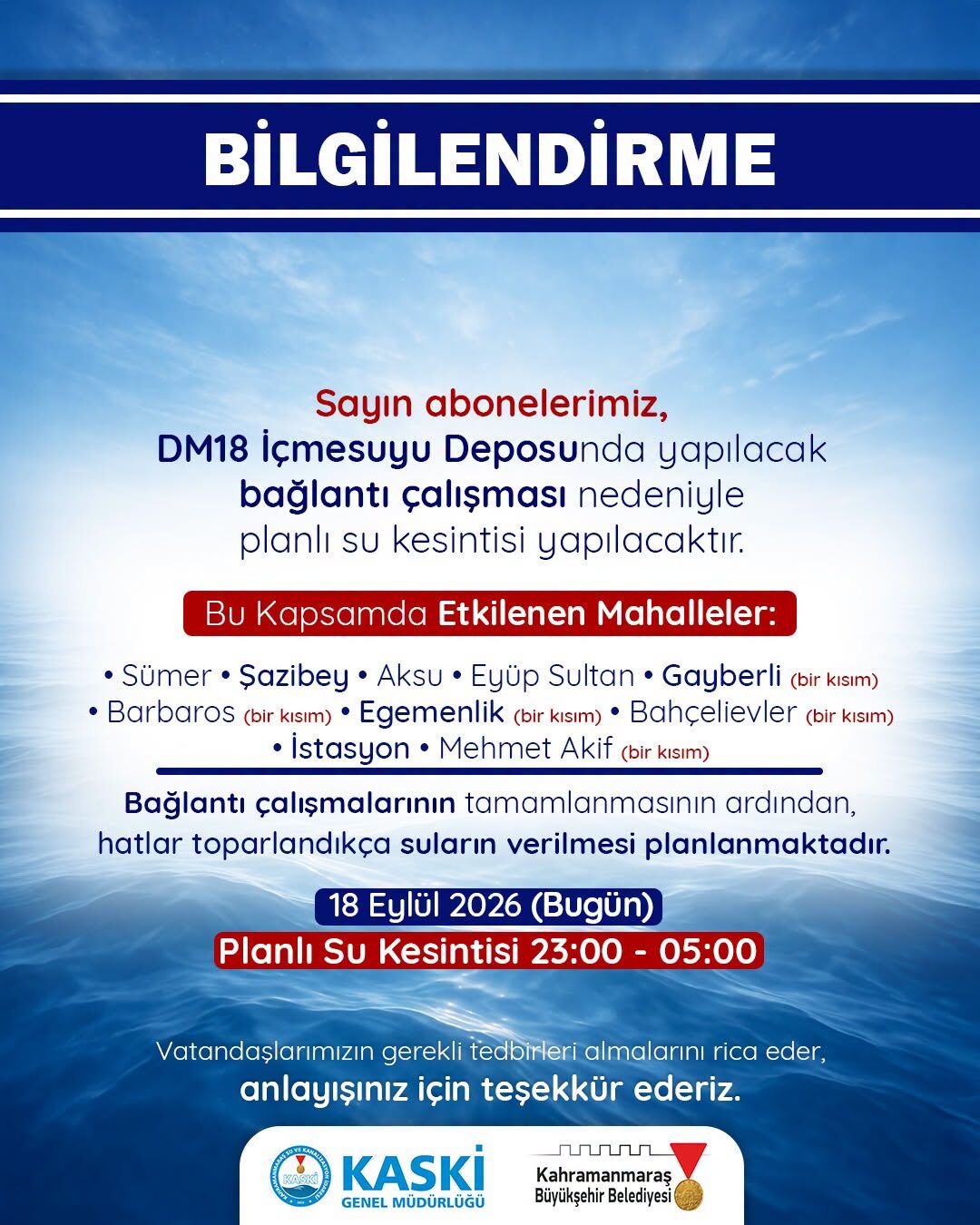 Kahramanmaraş’ta 6 saatlik su kesintisi: İşte etkilenecek bölge-1