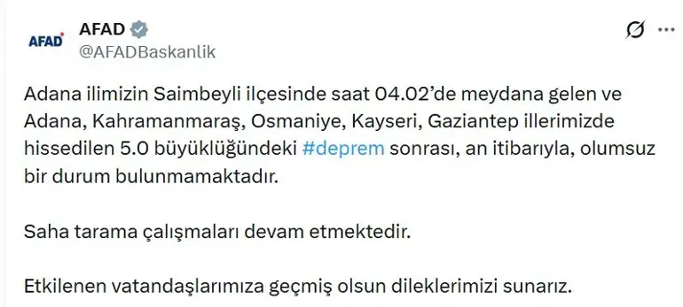 Adana'da 5 Büyüklüğünde Deprem
