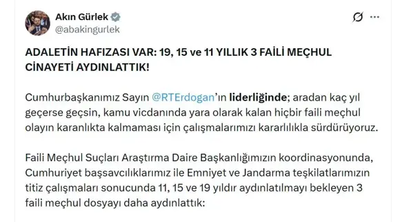 Bakan Gürlek; 3 Faili Meçhul Dosyayı Daha Aydınlattık