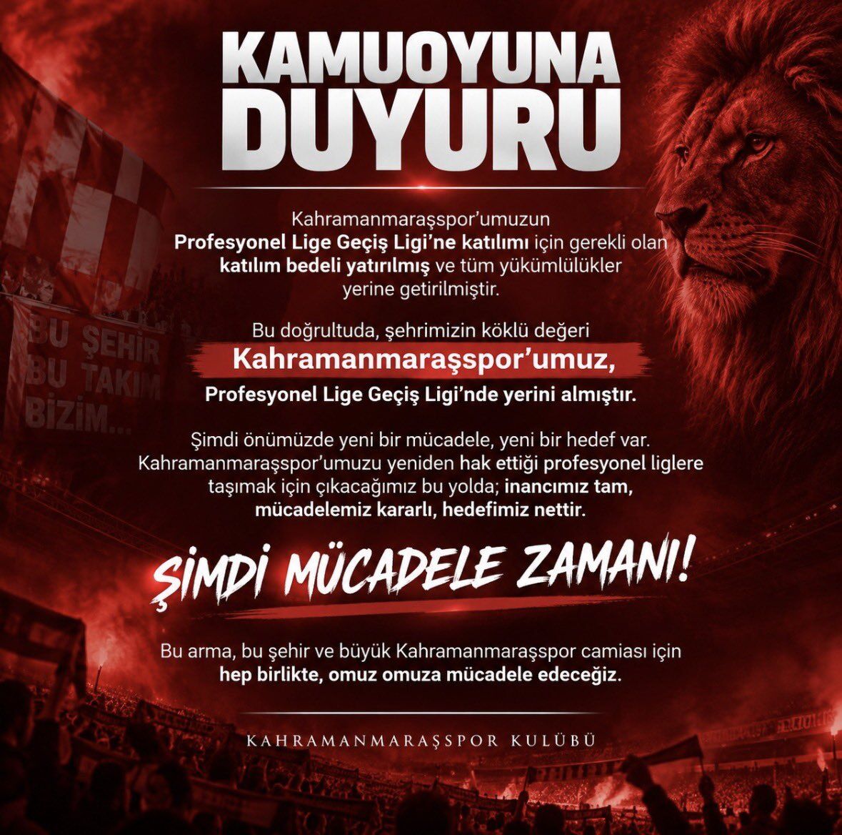 Kahramanmaraşspor’dan müjdeli haber: Katılım bedeli yatırıldı