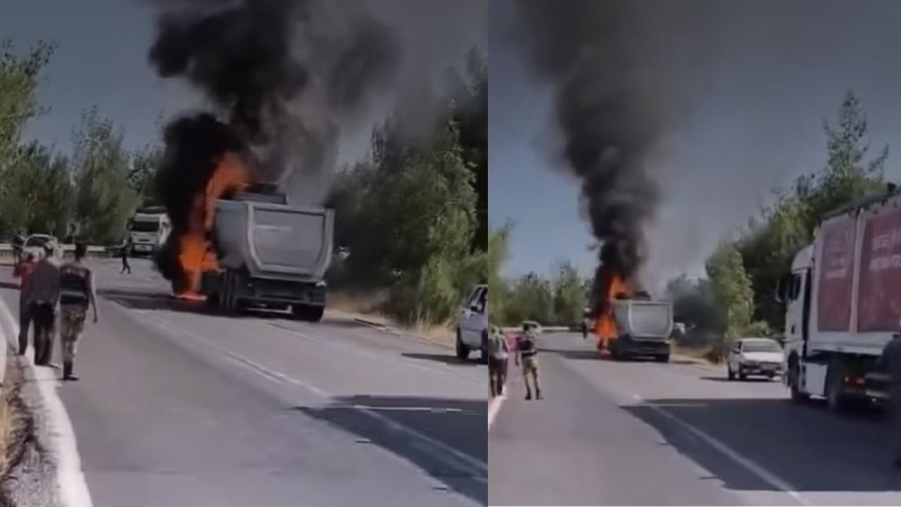 Kahramanmaraş’ta yolda ilerleyen kamyon bir anda alev aldı
