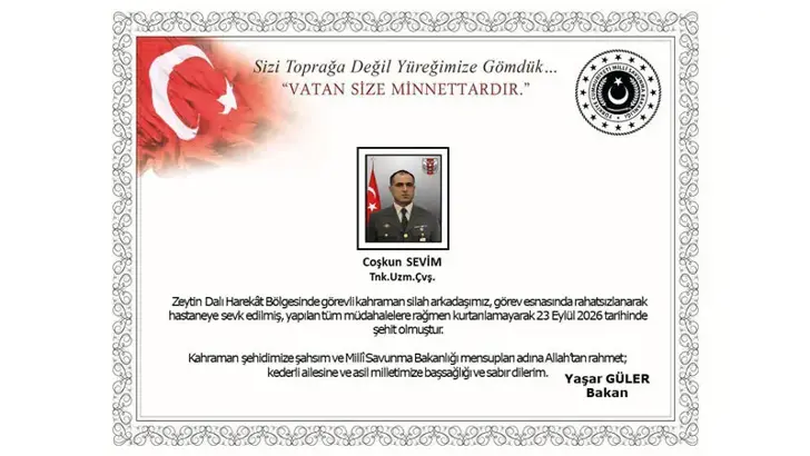 Zeytin Dalı Harekat Bölgesinde Görevi Sırasında Rahatsızlanan Asker Şehit Oldu