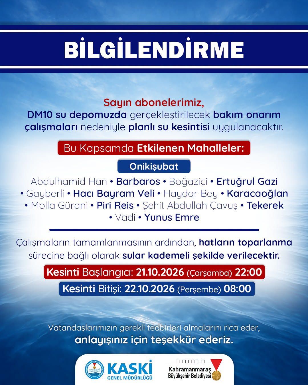 Kahramanmaraş’ta 10 saatlik su kesintisi: İşte etkilenecek bölgeler-1