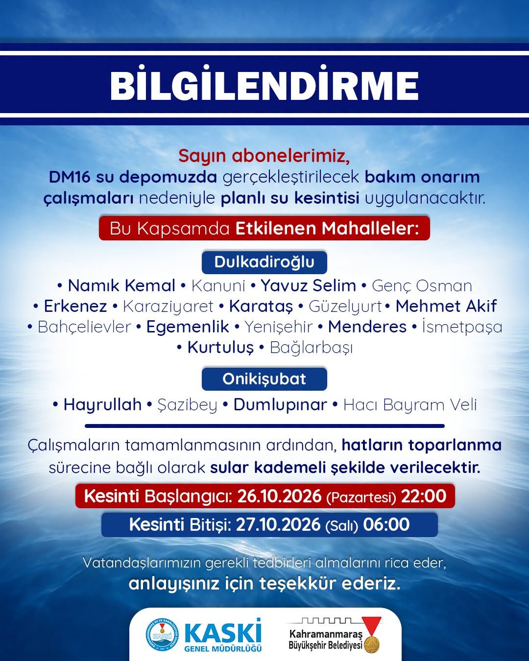 Kahramanmaraş’ta 8 saatlik su kesintisi! Hangi mahalleler etkilenecek?-1