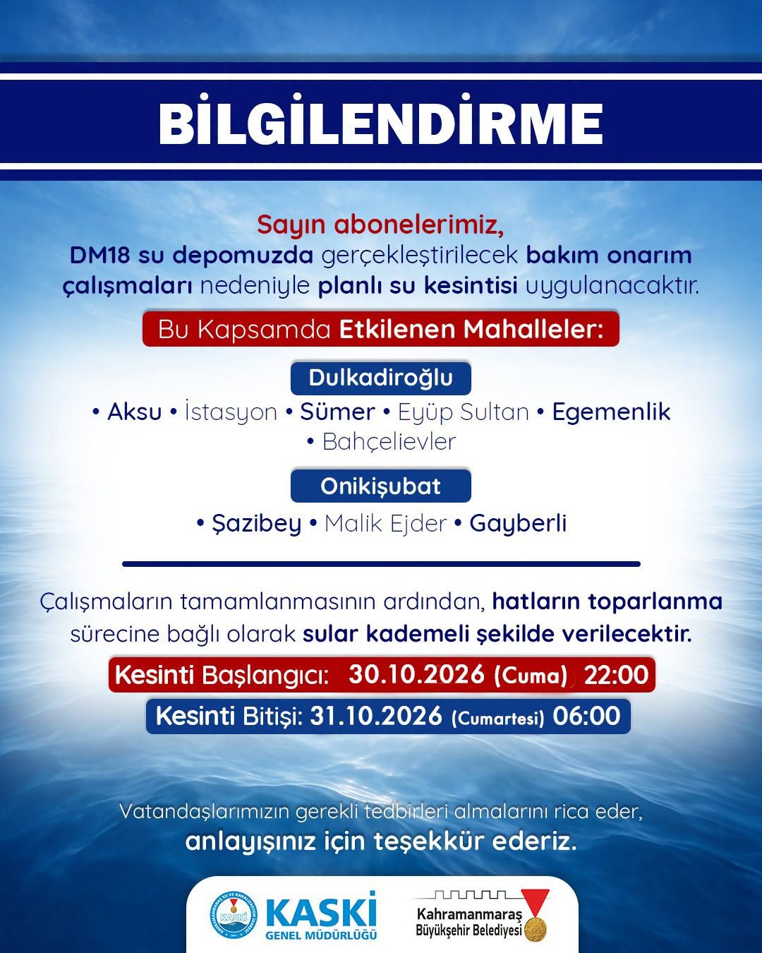 Kahramanmaraş’ta 9 mahallede 8 saatlik su kesintisi!-1
