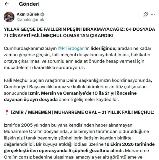 Bakan Gürlek; 64 Dosyada 71 Cinayeti Faili Meçhul Olmaktan Çıkardık