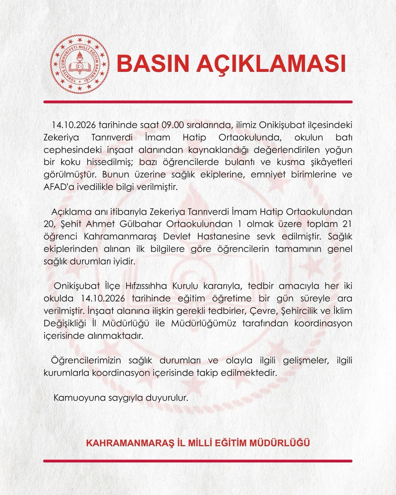 Kahramanmaraş’ta 21 Öğrenciyi Hastanelik Eden Olayla İlgili Yeni Açıklama-1